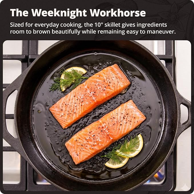 Greater Goods 10" Cast Iron Skillet, Smooth Surface, Nonstick-Like Release | Polished & Precision-Milled, 100% Organic Flaxseed Oil, No Synthetic Coating, Oven, Grill, Induction Ready, Pre-Seasoned