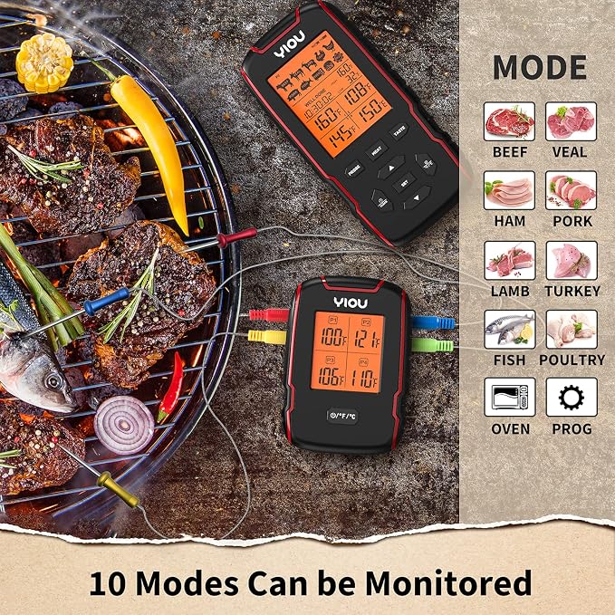 Wireless Meat Thermometer for Cooking, Digital Meat Thermometer with 4 Probes, 500FT Ultra Accurate & Fast Food Thermometer for Oven, Smoker, Red