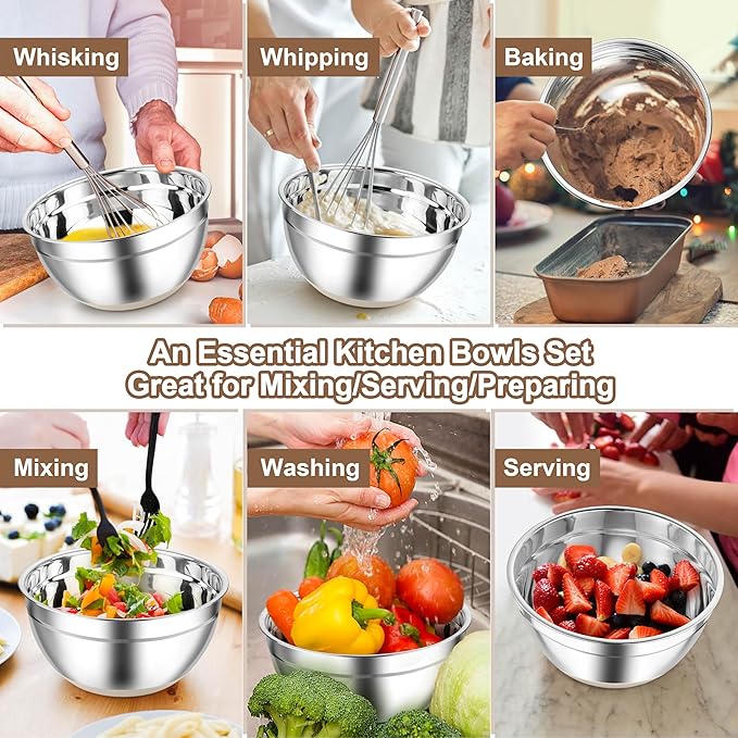 TeamFar Khaki Mixing Bowls, 6-Piece Stainless Steel Nesting Salad Bowls with Lid Set for Prepping Baking, Non-Toxic & Stackable, Air-Tight Lid & Non Slip Bottom, 4.6/2.6/2/1.5/1 / 0.7 QT