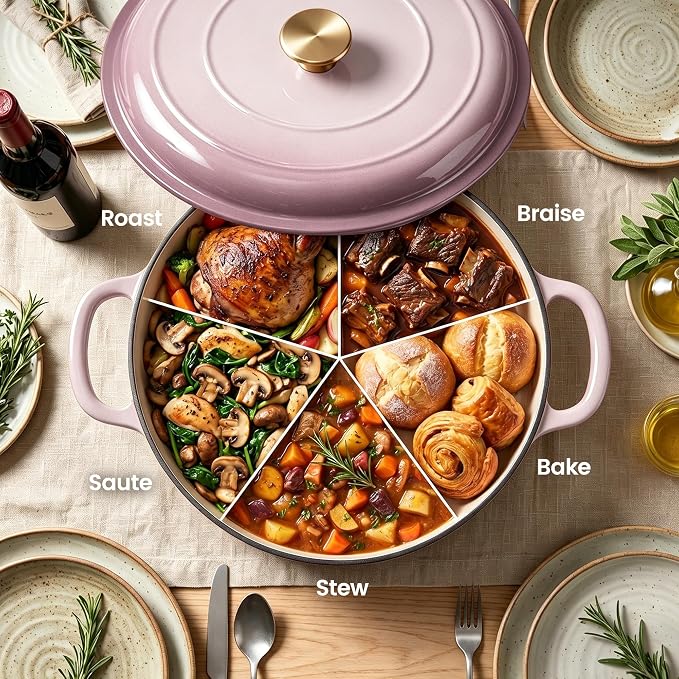 Vintage Style 3 Quart Enameled Cast Iron Braiser, Non Stick Enameled Cast Iron Skillet with Lid, Dutch Oven Skillet with lid up to 500°F for Oven, Stove, Grill, Shallow Dutch Oven for Cook, Bake (Pink)