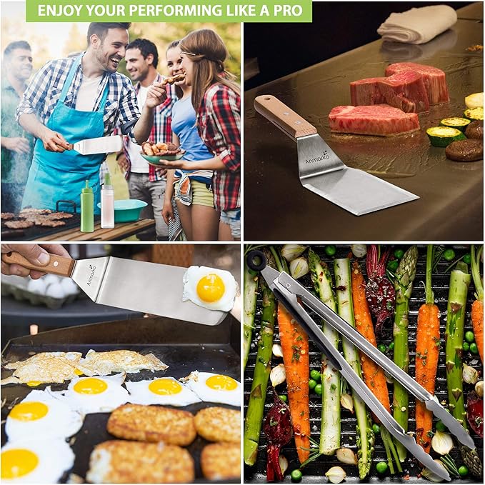 Metal Spatula Set of 4 - Griddle Accessories kit - Grill Flat Spatula Pancake Flipper Hamburger Turner - Metal Utensil Great for BBQ Grill Flat Top Cast Iron Griddle