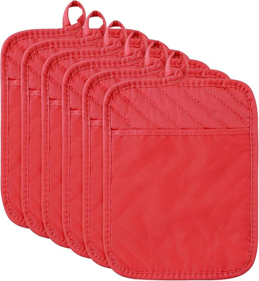 R HORSE 6Pcs Christmas Red Pot Holders with Pocket for Kitchen Cotton Pocket Pot Holder Set Heat Resistant Potholder Terry Coaster Oven Mitts Hot Pads Trivet for Baking Cooking 7''x9''