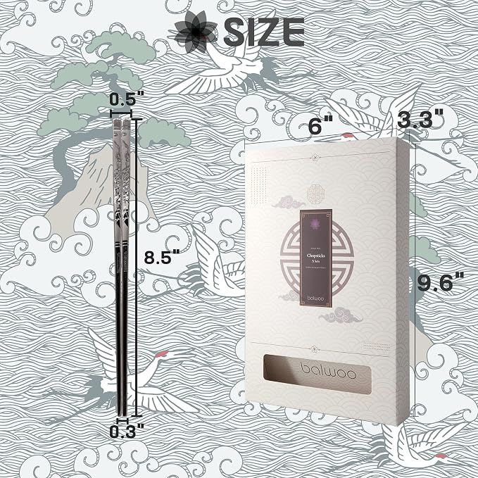 Chopsticks [Made in Korea][5 Sets] 430 Premium Stainless Steel Chopsticks, Mukbang Kitchen Utensil, Cutlery Silverware Stainless Tableware (Crane)