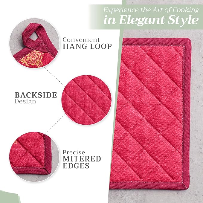 Maison d' Hermine Pot Holders 100% Cotton Potholders (8" x 8", Pack of 2) | Heat Resistant Hot Pads with Loop BBQ Cooking Baking Hotel Kitchen Handling Hot Pans Thanksgiving Christmas - Versailles