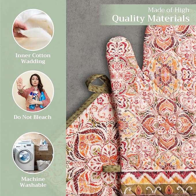 Maison d' Hermine 100% Cotton Oven Mitt & Pot Holder Set (7.5"x13" & 8"x8") | Heat Resistant BBQ Cooking Gloves with Loop Baking Grilling Kitchen Hotel Home Farmhouse Thanksgiving Christmas - Damask