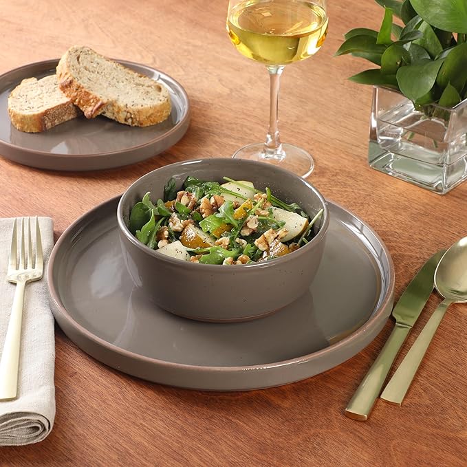 Gibson Elite Northrock Stoneware Dinnerware Set, 16-Piece Service for 4 Plates and Bowls Set – Gray Dishes with Hand-Painted Terracotta Base
