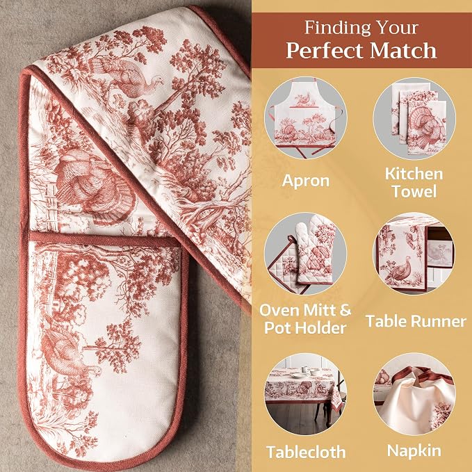 Maison d' Hermine Double Oven Mitts 100% Cotton Double Oven Glove (7"x35") | Heat Resistant BBQ Cooking Gloves with Loop Baking Kitchen Home Hotel Farmhouse Thanksgiving Christmas - Holy Jouy - Brown