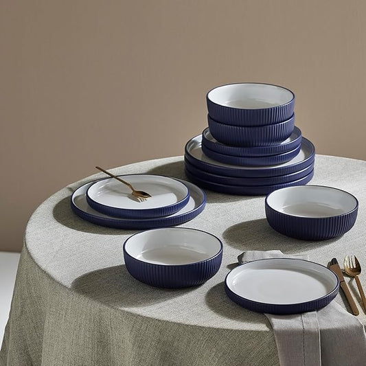Christian Siriano Laro 24-Piece Stoneware Dinnerware Set, Plates and Bowls Set, Microwave and Dishwasher Safe, Dish Set for 8, Dark Blue