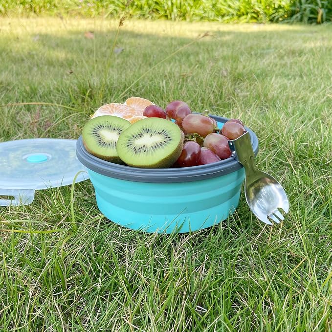 CCyanzi 1200ml Collapsible Camping Bowl Silicone Food Storage Container with Lid and Foldable Stainless Steel Fork Spoon, for Picnic, Travel, Camping, RV, Fridge and Microwave Bowls