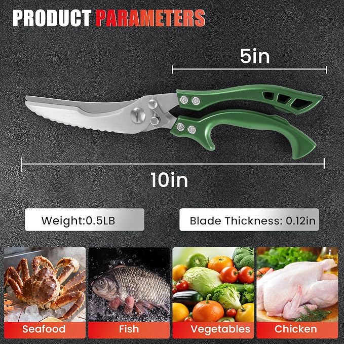 ANDONG Heavy Duty Poultry Shears, All-Purpose Kitchen Scissors for Food, Spatchcock Shears, Green