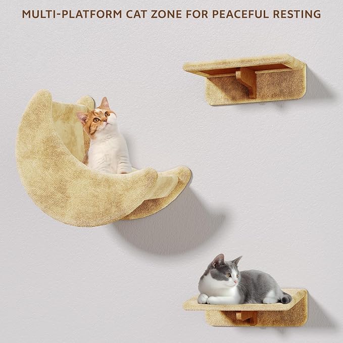 Cat Wall Furniture, 13 in 1 Moon & Bridge Cat Wall Shelves, Beige | Wall Mounted Cats Shelf Set with Plush Fabric, Cat Climbing Systems for 16 Inch Drywall, Condo, Scratching Post, Space-Saving