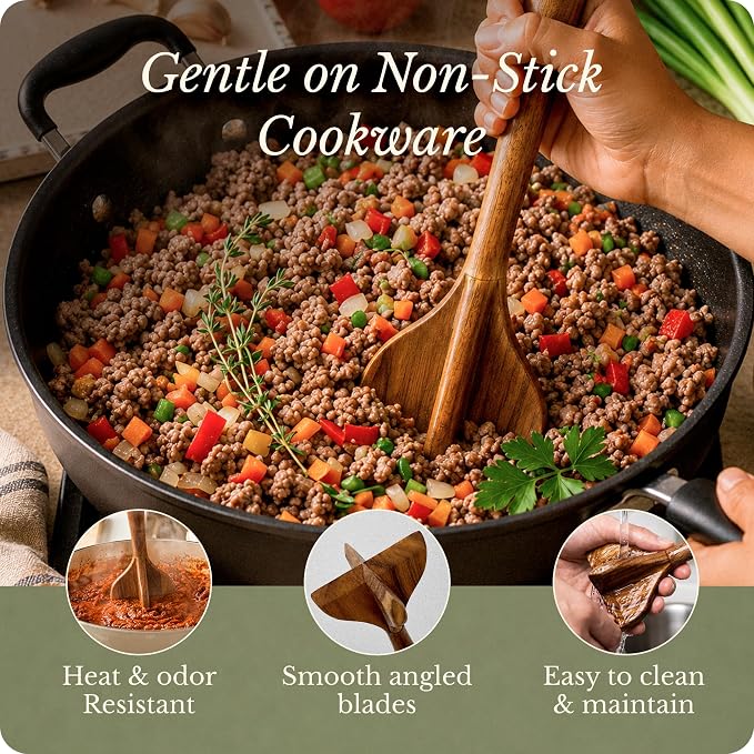 ELIBRE Wooden Meat Chopper & Breaker, Breaks Up Ground Meat, Food Grade | Durable, Long-Lasting & Non-Stick Friendly, Versatile Multi-Function Manual Kitchen Grinder for Beef & Turkey, BPA-Free