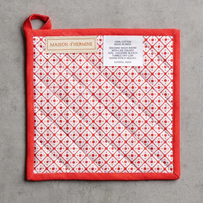 Maison d' Hermine Pot Holders 100% Cotton Potholders (8" x 8", Pack of 2) | Heat Resistant Hot Pads with Loop BBQ Cooking Baking Hotel Kitchen Handling Hot Pans Thanksgiving Christmas - Winter Jouy