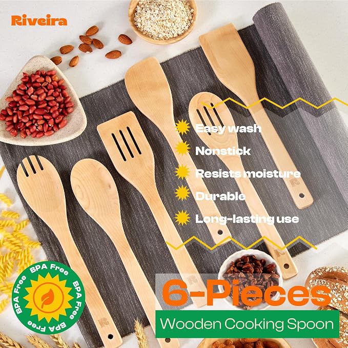 Riveira Maple Wooden Spoons for Cooking Set of 6 – Natural Maple Wooden Cooking Utensils, Wooden Spatula, Wooden Spoon - Premium Quality Utensil Set for Non-Toxic Cooking