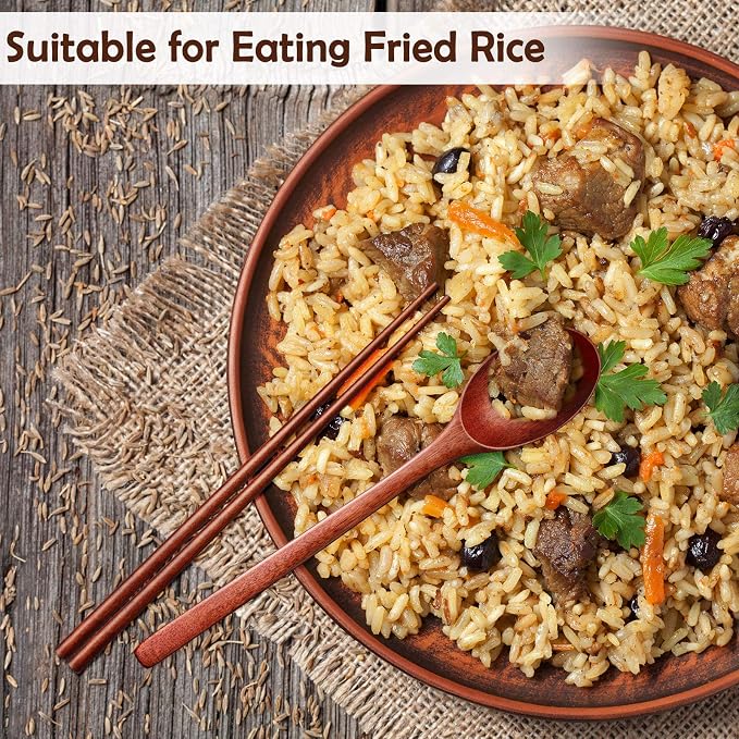Wooden Spoon and Chopsticks Set Long Handle Spoon Chopstick Flatware Reusable Tableware Combination Utensils for Eating Food, 9.3 Inch (8)