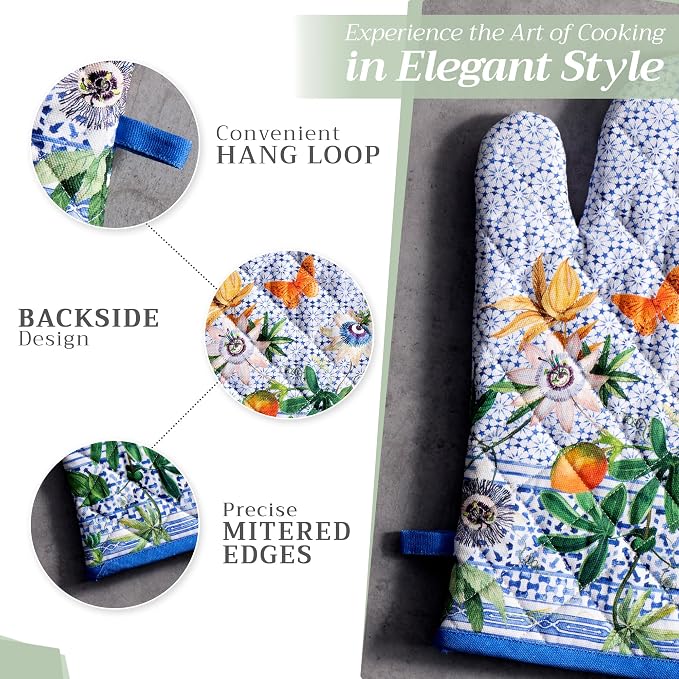 Maison d' Hermine 100% Cotton Oven Mitt & Pot Holder Set (7.5"x13" & 8"x8") | Heat Resistant BBQ Cooking Gloves with Loop Baking Grilling Kitchen Hotel Home Farmhouse Spring Summer - Passiflora