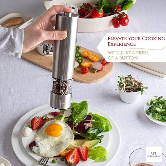 Urban Noon Electric Salt or Pepper Grinder (1 Mill, 8.1" Tall) - One-Handed Push-Button Mills with LED Light, Adjustable Ceramic Coarseness, Gift-Ready Box, 1-Year Warranty - Stainless Steel