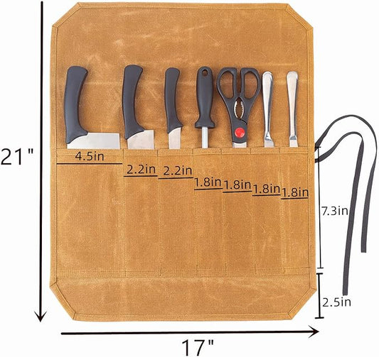 Denifiter Knife Cases Organizer-Durable 16OZ Waxed Canvas Knife Roll Construction-7 Pockets - (Khaki)