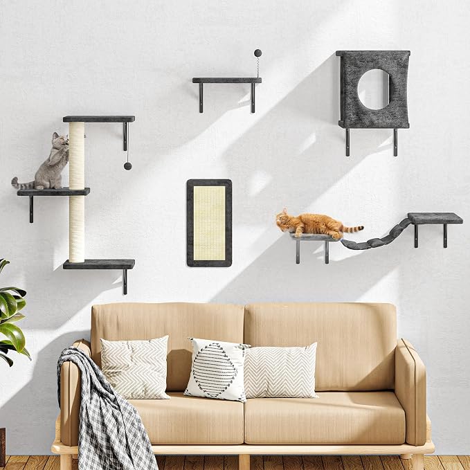 12-in-1 Cat Wall Shelves, Modern Wall-Mounted Cat Furniture, Wooden Climber Includes House, Bridge, Tree, Steps, and Scratcher, Space-Saving Cat Climbing Wall Systems, Dark Gray