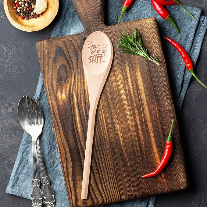 Bout to Stir Up Some Shit Funny Wooden Spoons Christmas Gift Large Funny Spoon Laser Engraved Gifts Personalized Home Kitchen Long Handle Spoons for Cooking Tools Wooden Non-Stick Surface Spoon