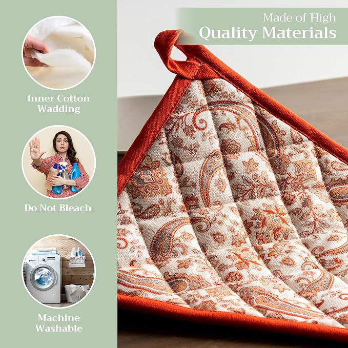 Maison d' Hermine Pot Holders 100% Cotton Potholders (8" x 8", Pack of 2) | Heat Resistant Hot Pads with Loop BBQ Cooking Baking Hotel Kitchen Handling Hot Pans Thanksgiving Christmas - Cachemire