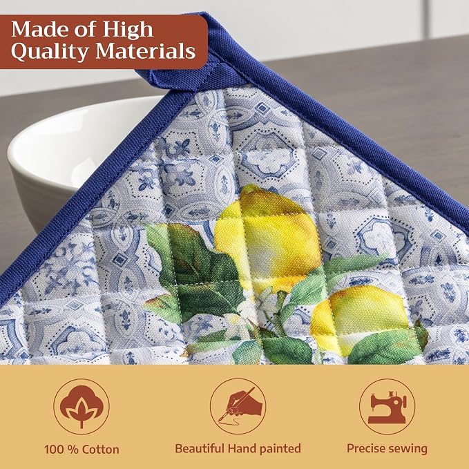 Maison d' Hermine Pot Holders 100% Cotton Potholders (8" x 8", Pack of 2) | Heat Resistant Hot Pads with Loop BBQ Cooking Baking Farmhouse Kitchen Handling Hot Pans Spring Summer - Citrus