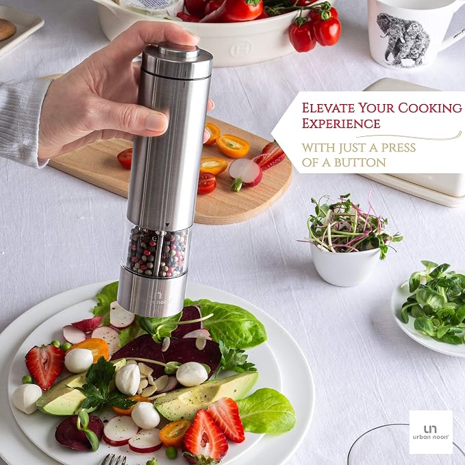 Urban Noon Electric Salt or Pepper Grinder (1 Mill, 8.1" Tall) - One-Handed Push-Button Mills with LED Light, Adjustable Ceramic Coarseness, Gift-Ready Box, 1-Year Warranty - Stainless Steel