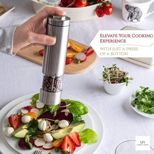 Urban Noon Electric Salt or Pepper Grinder (1 Mill, 8.1" Tall) - One-Handed Push-Button Mills with LED Light, Adjustable Ceramic Coarseness, Gift-Ready Box, 1-Year Warranty - Stainless Steel
