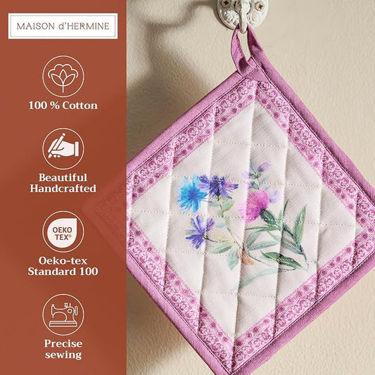 Maison d' Hermine Pot Holders 100% Cotton Potholders (8" x 8", Pack of 1) | Heat Resistant Hot Pads with Loop BBQ Cooking Baking Farmhouse Kitchen Handling Hot Pans Spring Summer - Chardon