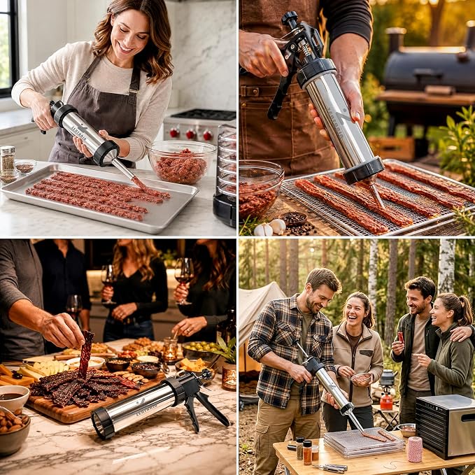 Jerky Gun for Ground Meat, Stainless Steel Beef Jerky Maker Kit | Beef jerky gun stainless steel 304, meat stick maker, 5 nozzles, 5 brushes, meat pusher, gloves, 1.7 lb barrel