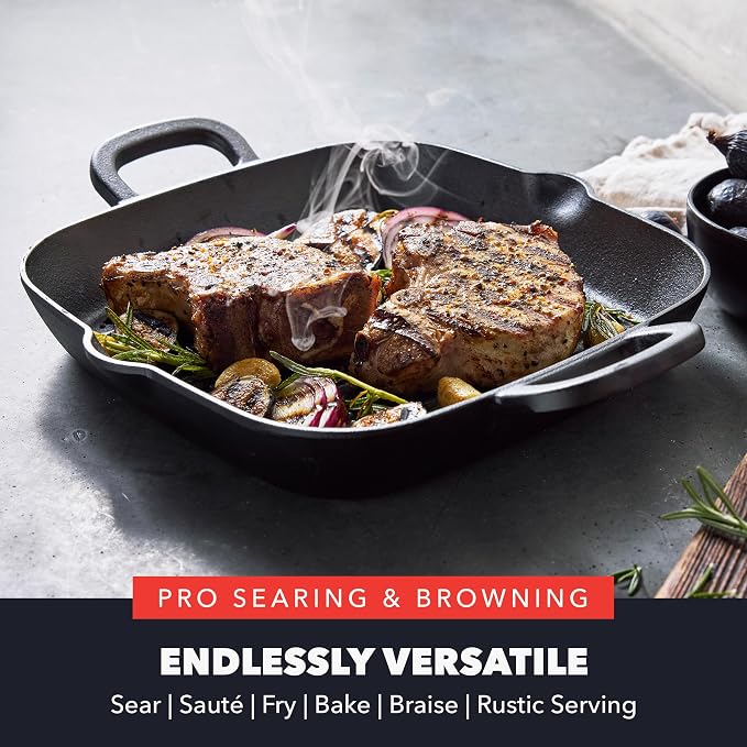 GreenPan x Bobby Flay 11" Pre-Seasoned Cast Iron Square Grill Pan | Natural Nonstick with Use, Heavy Duty, Induction & All Stovetop Compatible, High Heat & Oven Safe, Indoor/Outdoor