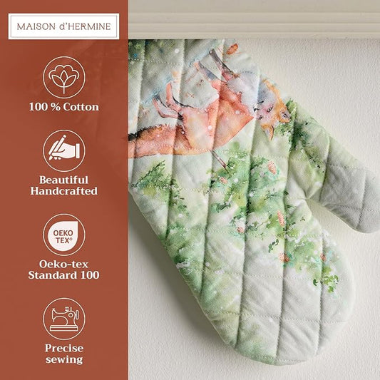 Maison d'Hermine Oven Gloves 100% Cotton Oven Mitt (7" x 13", Pack of 1) | With Loop Heat Resistant BBQ Cooking Gloves Baking Kitchen Handling Hot Pans Thanksgiving Christmas - Winter Mornings