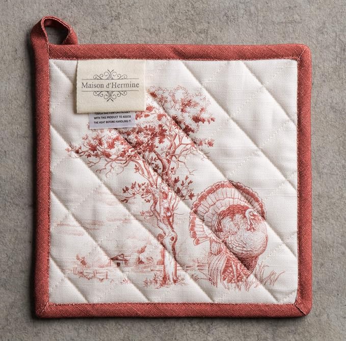 Maison d' Hermine 100% Cotton Oven Mitt & Pot Holder Set (7.5"x13" & 8"x8") | Heat Resistant BBQ Cooking Gloves with Loop Baking Grilling Kitchen Home Farmhouse Thanksgiving Christmas - Holy Jouy - Red
