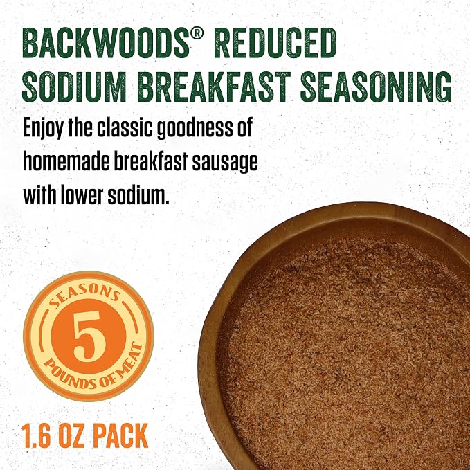 LEM Products Backwoods Reduced Sodium Breakfast Sausage Seasoning, 1.6 oz | Pre-Measured Seasoning for Wild Game and Domestic Meat, Seasons Up to 5 Pounds of Meat for Homemade Patties and Sausages