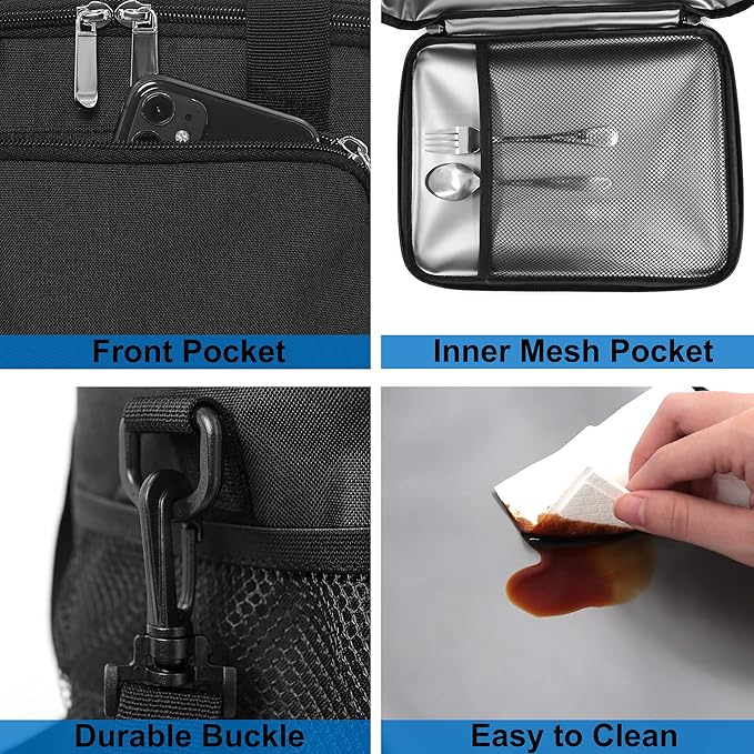 Reusable Lunch Box for Men/Women - Insulated Lunch Bag Leakproof Lunchbox for Work Office Picnic Beach - Freezable Lunch Cooler Bag with Adjustable Shoulder Strap - Black