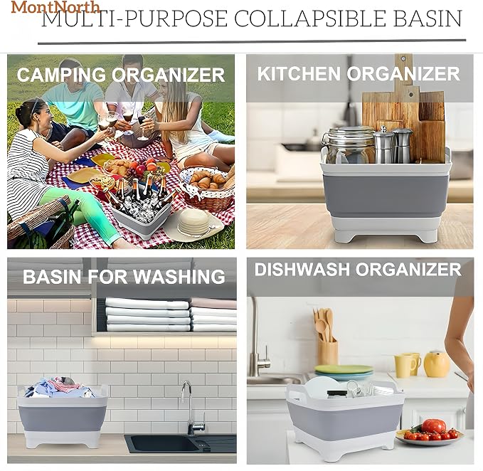 MontNorth Collapsible Wash Basin 9L, Foldable Dish Tub with Drain Plug, Portable Collapsible Dish Basin, Camping Sink for Washing Dishes, Laundry & Kitchen Use,Gray
