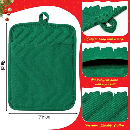 R HORSE 6Pcs Pot Holder for Kitchen Christmas Green Potholders with Pockets Cotton Heat Resistant Potholder Terry Coaster Oven Mitts Hot Pads for Baking Cooking Christmas Pot Holder Gift 7''x9''