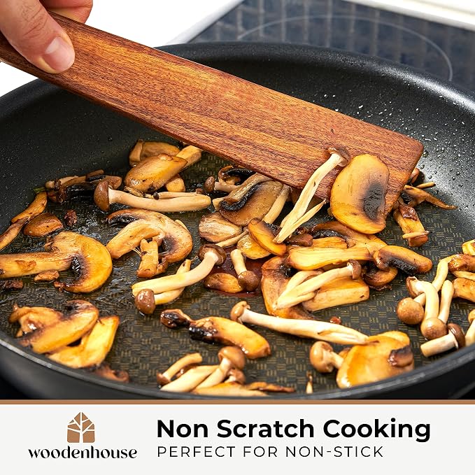 Wooden Spatula for Cooking, 12" Set of 2 - Turner & Scraper for Cast Iron | Flipper for Non Stick & Frying Pan, Egg & Pancake – BPA Free & Heat Resistant Teak Utensils