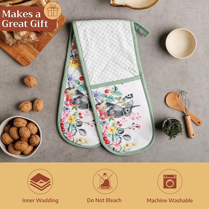 Maison d' Hermine Double Oven Mitts 100% Cotton Double Oven Glove (7"x35") | Heat Resistant BBQ Cooking Gloves with Loop Baking Grilling Kitchen Hotel Home Farmhouse Spring Summer - Printemps