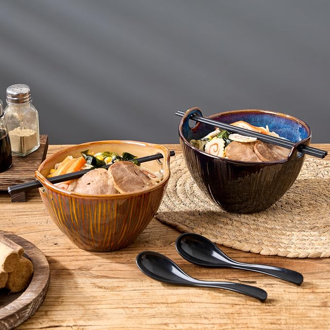 Ramen Bowl with Chopsticks and Spoons Set, 7 Inch Ceramic Noodle Bowl Set of 2, Donburi Bowl Dishwasher Safe for Pho Udon Soba Noodle Salad Pasta, Special Midnight Tide Bowls Set