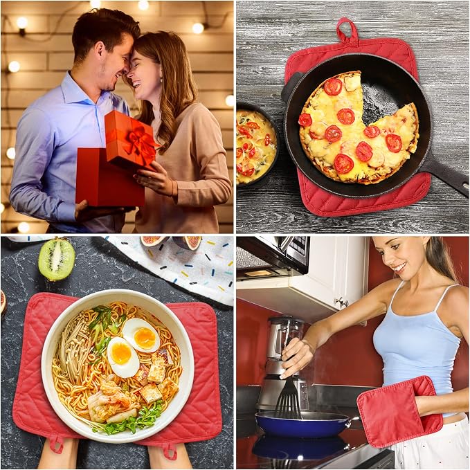 R HORSE 6Pcs Christmas Red Pot Holders with Pocket for Kitchen Cotton Pocket Pot Holder Set Heat Resistant Potholder Terry Coaster Oven Mitts Hot Pads Trivet for Baking Cooking 7''x9''