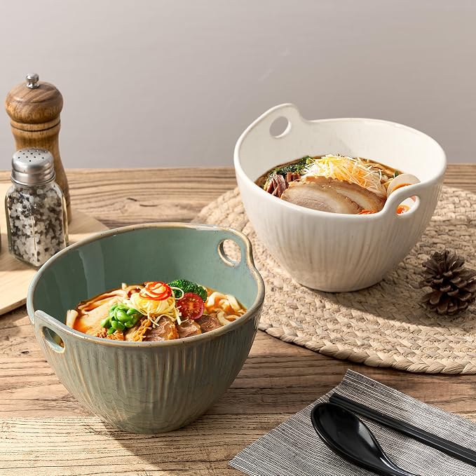 Ramen Bowl with Chopsticks and Spoons Set, 7 Inch Ceramic Noodle Bowl Set of 2, Donburi Bowl Dishwasher Safe for Pho Udon Soba Noodle Salad Pasta, Special Wild Sage Earth Bowls Set