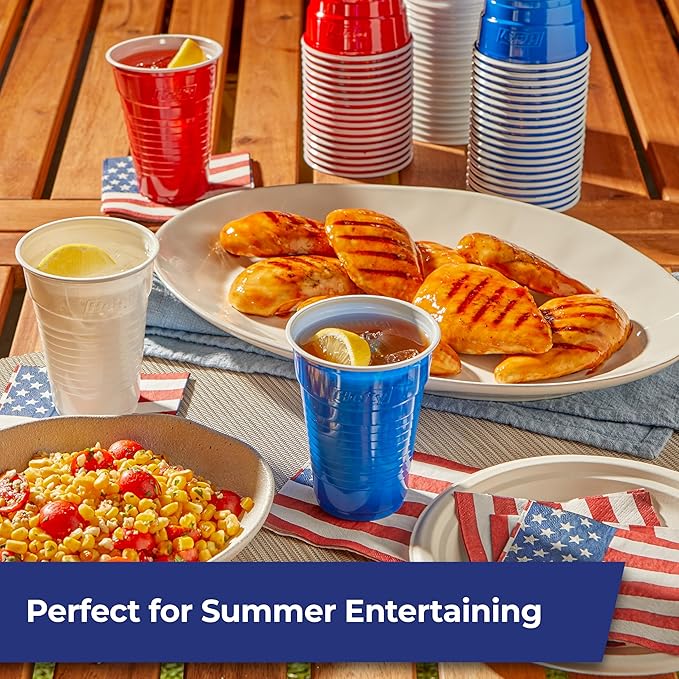 Hefty Party On Disposable Party Cups, Patriotic Color Pack, 76ct | American Themed Assortment, 16oz Red White and Blue and 18oz Festive Clear Cups, Great for Summer and July 4th Celebrations