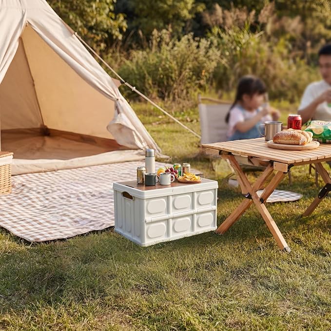Collapsible Storage Bins with Lids, Camping Storage Box | 30L PP camping storage box with wooden lid, collapsible for campers, home storage, travel and outdoor organization.