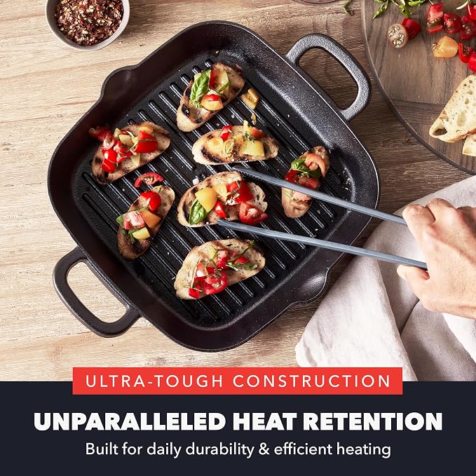 GreenPan x Bobby Flay 11" Pre-Seasoned Cast Iron Square Grill Pan | Natural Nonstick with Use, Heavy Duty, Induction & All Stovetop Compatible, High Heat & Oven Safe, Indoor/Outdoor