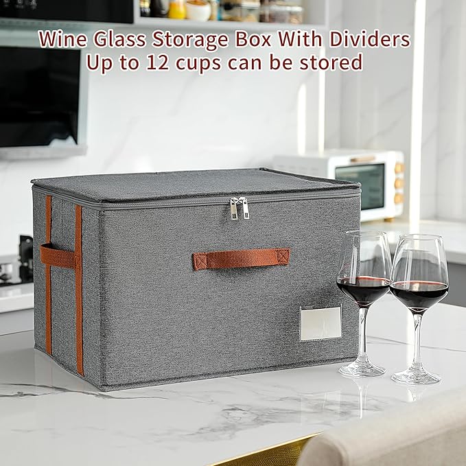 Stemware storage containers, wine glass storage box ，wine glass storage box with dividers，glass storage containers，Holds 12 Red or White Wine Glasses, Hard Top and Sides(Grey red,