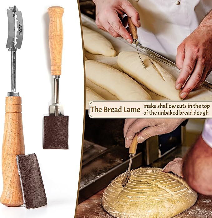 Sourdough Bread Baking Supplies Starter Kit, Banneton Proofing Basket 9'' Round, Sourdough Starter Jar, Scraper, Scoring Lame, Brush, Short Danish Whisk, Gift Set