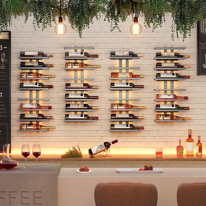Hoctieon 2-Set 8 Tier Wall Mount Wine Rack (16 Tiers), Wall Racks for Wine Bottles Display and Storage, Hanging Bottle Organizer for Living Room, Dining Room, Wine Cellar, Bar, Grey