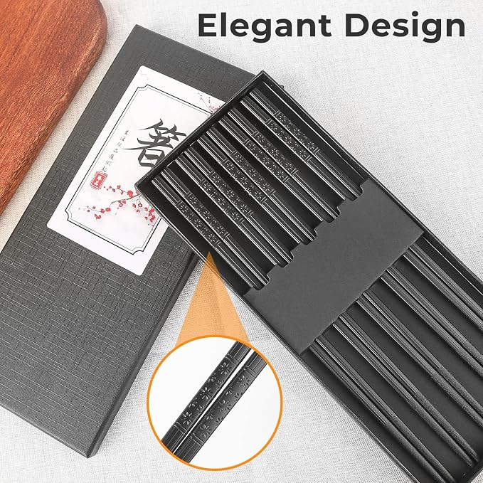 Fiberglass Chopsticks Reusable Set, 5 Pairs Black Gift-Boxed – Premium Non-Slip, Dishwasher Safe, Heat-Resistant 9.5 Inch Chop Sticks for Sushi, Ramen, Asian Dining