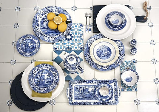 Spode Blue Italian 9.5-Inch Serving Bowl - Elegant Porcelain Tableware for Vegetables, Main Dishes, Entrees, Sides, Salads - Mix & Match Blue Patterned Rim with Dinnerware Sets, Great for Hosting